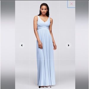 David’s Bridal long mesh with cowl dress in ice blue